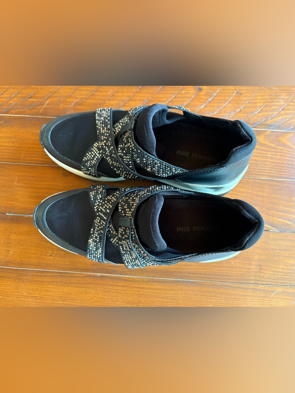 Black 3” Platform Slip-On Sneakers with Embellished Straps, Sz 6-6.5, bling - Picture 2 of 8
